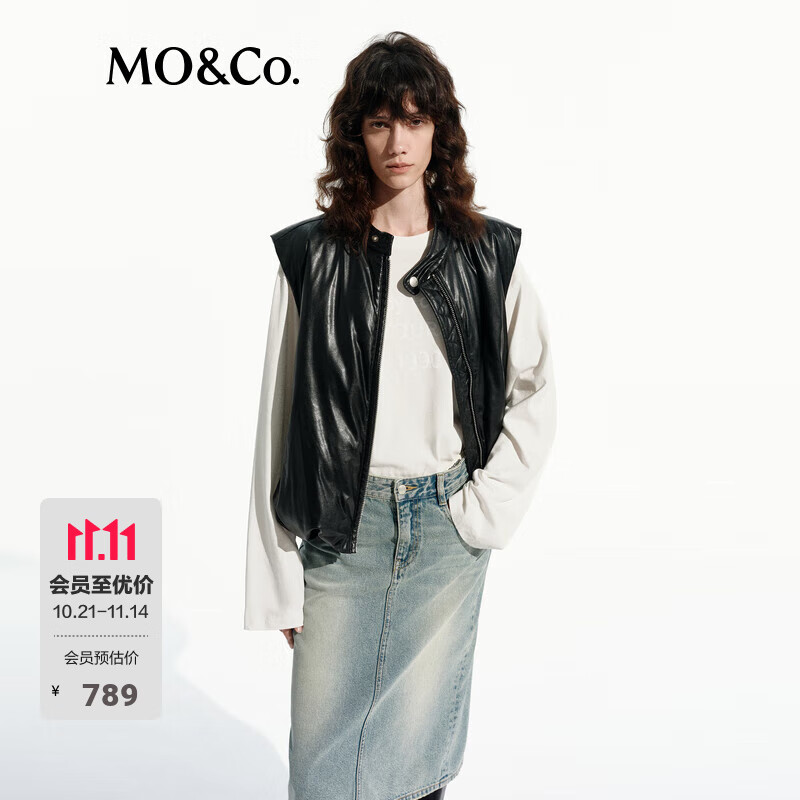 MO&amp;Co.羽绒服马甲秋冬摇滚素皮抽绳设计感摩安珂【白鹅绒】 黑色 S 160