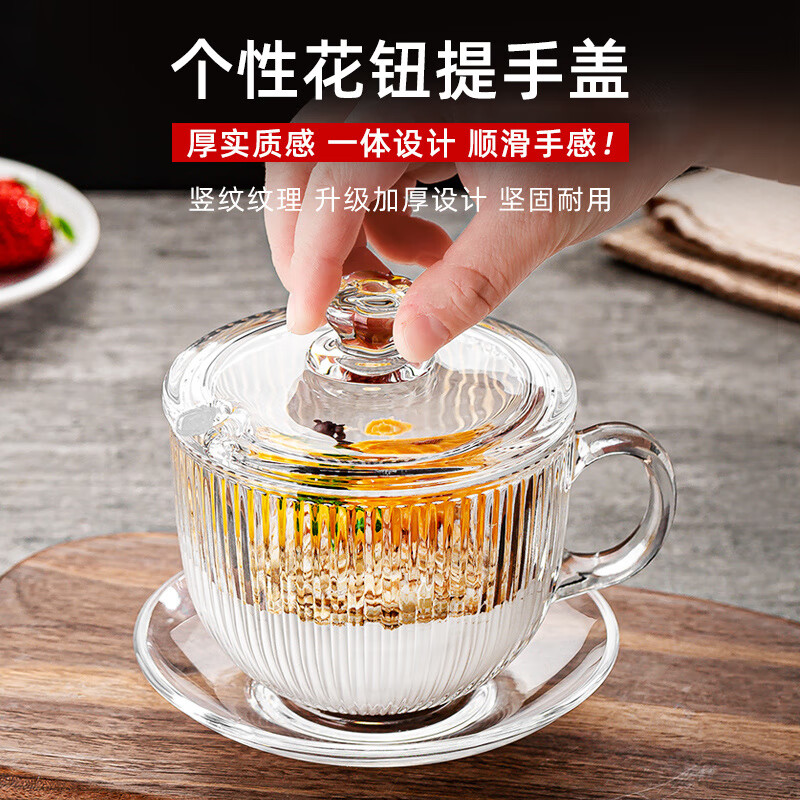 玻璃杯带盖勺咖啡杯早餐杯带盖子勺玻璃杯子家用带把 【升级加厚】竖条纹470ml+提钮盖 100℃开