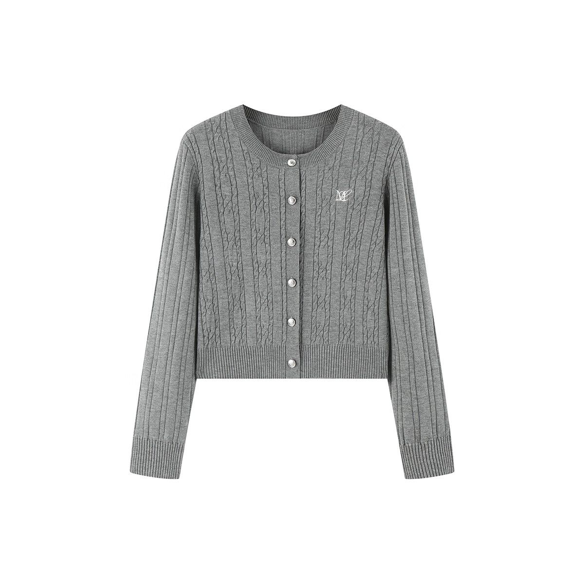 太平鸟秋冬毛针织衫集合链接新款打底无缝套衫女士开衫 圆领绞花线开衫灰色 M