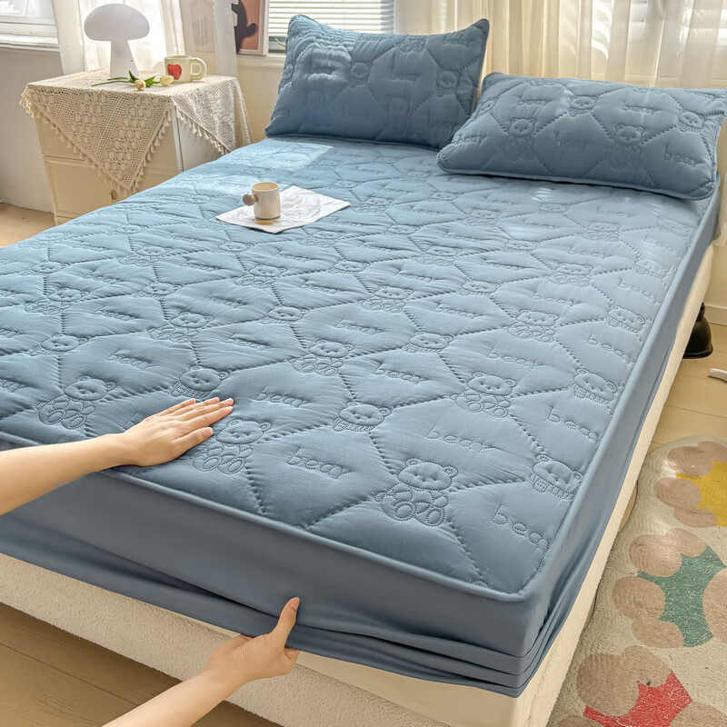 雅鹿加厚夹棉床笠防尘绗缝床罩三件套隔脏床盖床垫保护套床上用品 小熊夹棉床笠-宾利蓝【蓬松柔软 四季通用】 150*200cm单床笠 京东折扣/优惠券