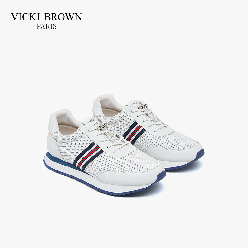 未毕(VICKI BROWN)法国品牌VB男鞋【胜利系列】新款透气网面休闲鞋潮流舒适条纹皮鞋 白色 43
