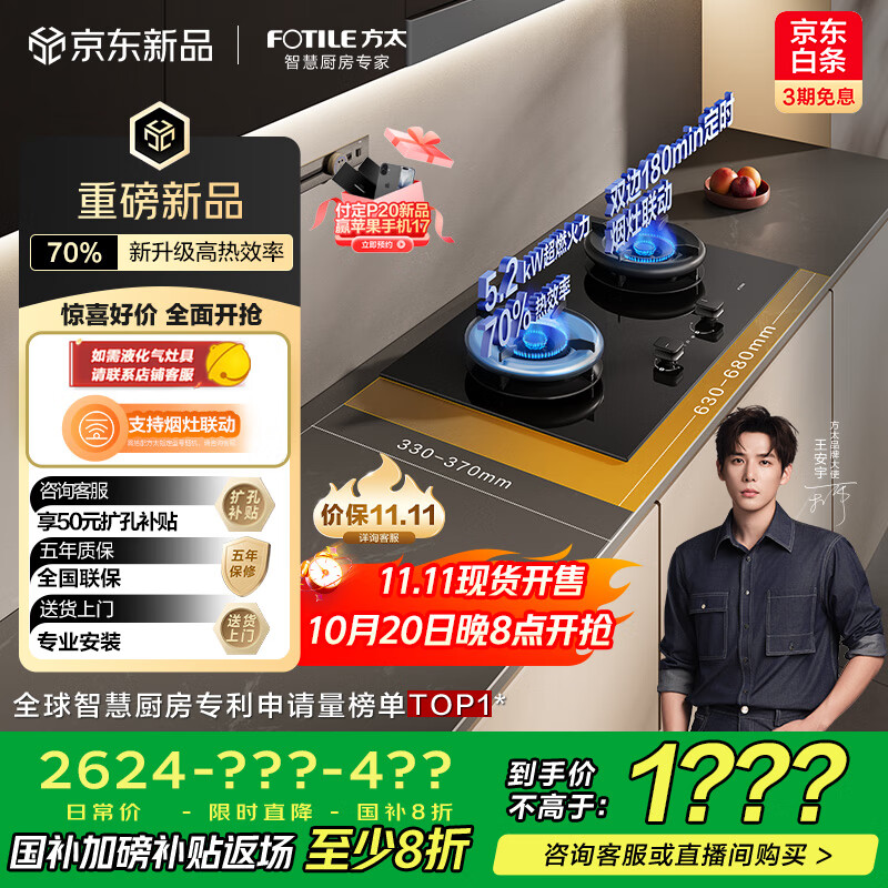 方太（FOTILE）【咨询付定旗舰新品油烟机享豪礼】燃气灶天然气 家用嵌入5.2kW* 70%热效率猛火 易清洁 02-TE21