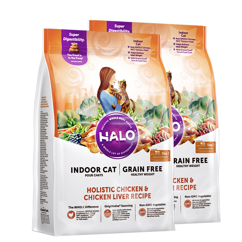 自然光环halo【成猫健美】猫粮进口无谷主粮宠物成年减肥 鸡肉味2.7kgx2