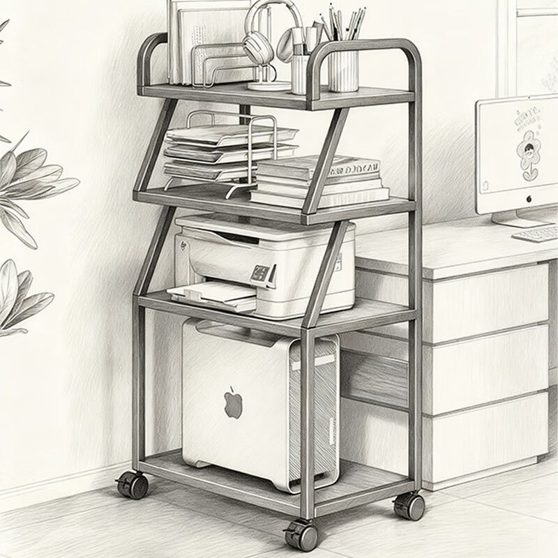 尔思家打印机置物架主机箱托架双层落地复印机放置架可移动文件整理架子 胡桃色+黑架 两层