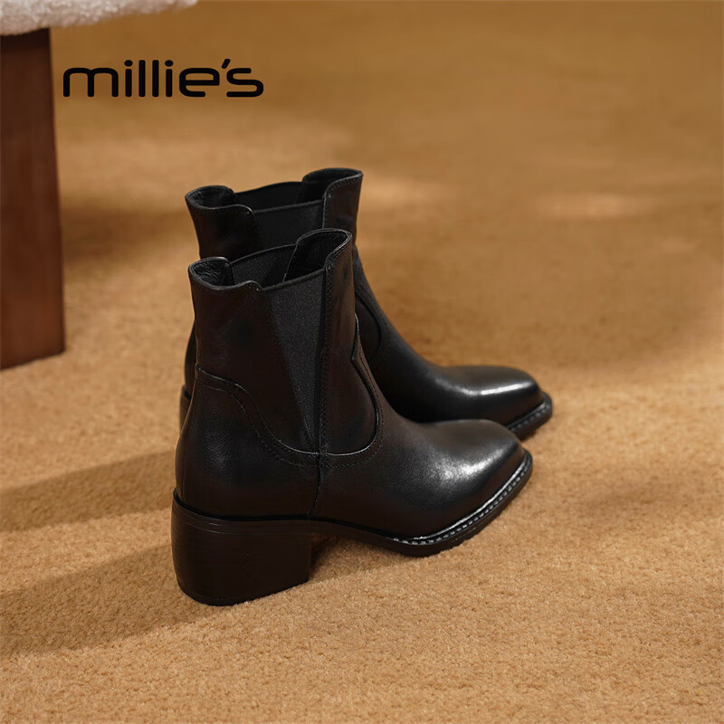 妙丽短靴女粗跟时尚轻便潮流烟筒靴2025冬季新款百搭通勤时装靴 黑色 39 (245mm) 标准码