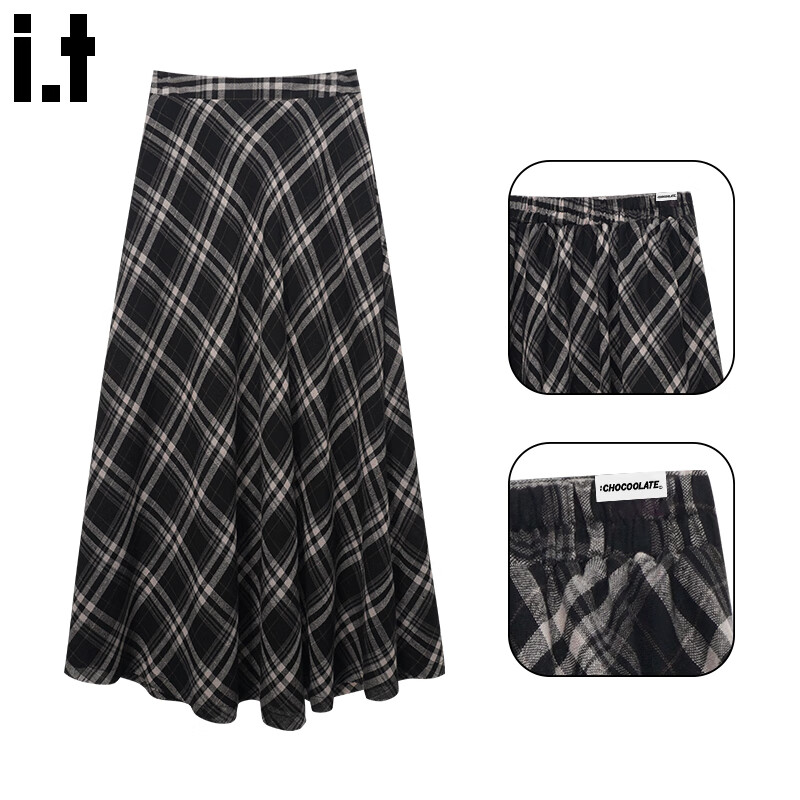:CHOCOOLATE  it女装裙子复古风格子半身裙女2025秋冬新款气质感A字休闲长裙 黑色 L