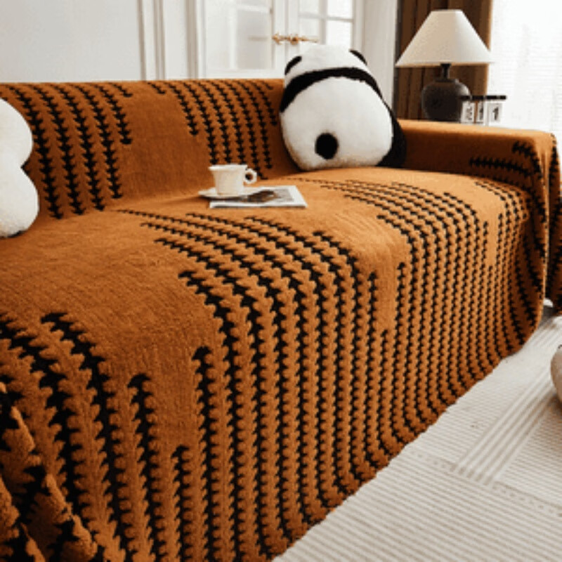 暖意绒绒云感万能全盖沙发盖四季款防滑防猫抓高级感提花毛绒套罩 卿绒星宇沙发巾-阳光橙 三人位 180*300cm【适合三人位/大双人位】