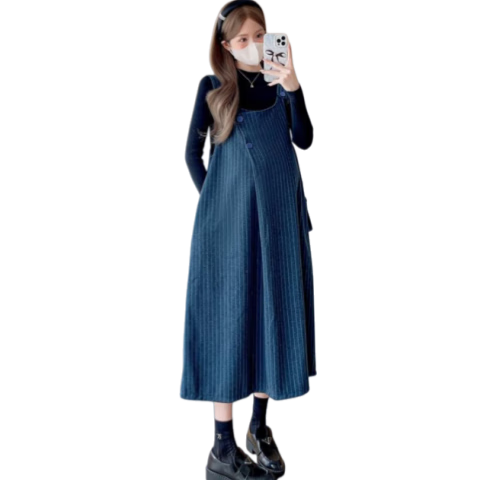 苒祺祺孕婦背帶裙秋裝2025新款小個子春秋加厚毛呢連衣裙套裝寬松高級感 藍(lán)色裙子+黑色毛衣（套裝） M