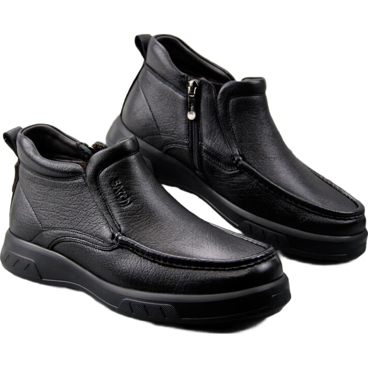 SATCHI男鞋冬季加絨保暖羊皮商務休閑皮鞋男士靴子軟皮輕便真皮棉鞋 黑色 加絨 37