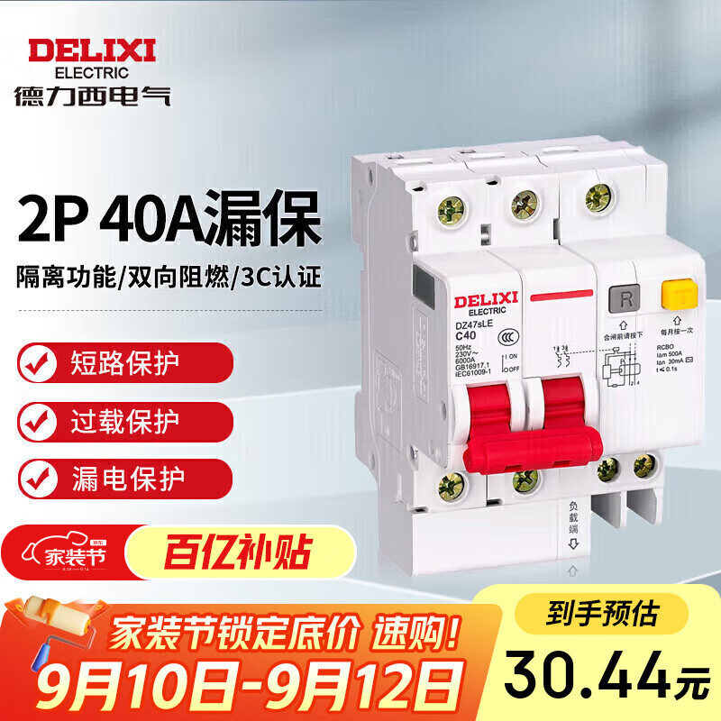 德力西电气空开断路器空气开关漏电保护器DZ47sLE 2P 40A