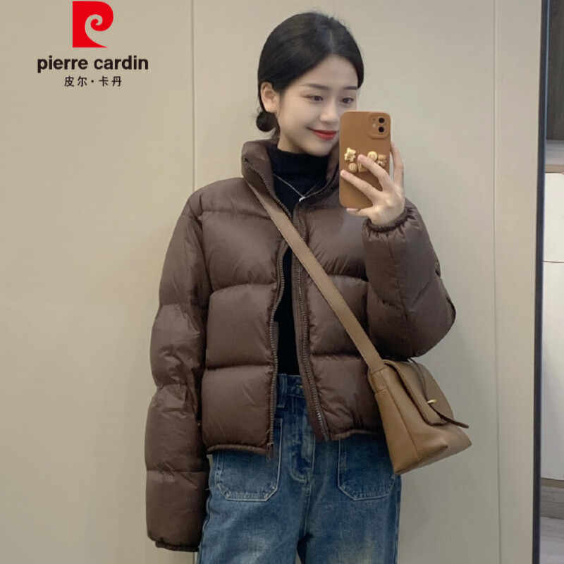 皮尔卡丹（pierre cardin）美式肯豆风羽绒服女短款2025新款时尚小个子立领高腰面包服冬季潮 咖色 S 90-115斤