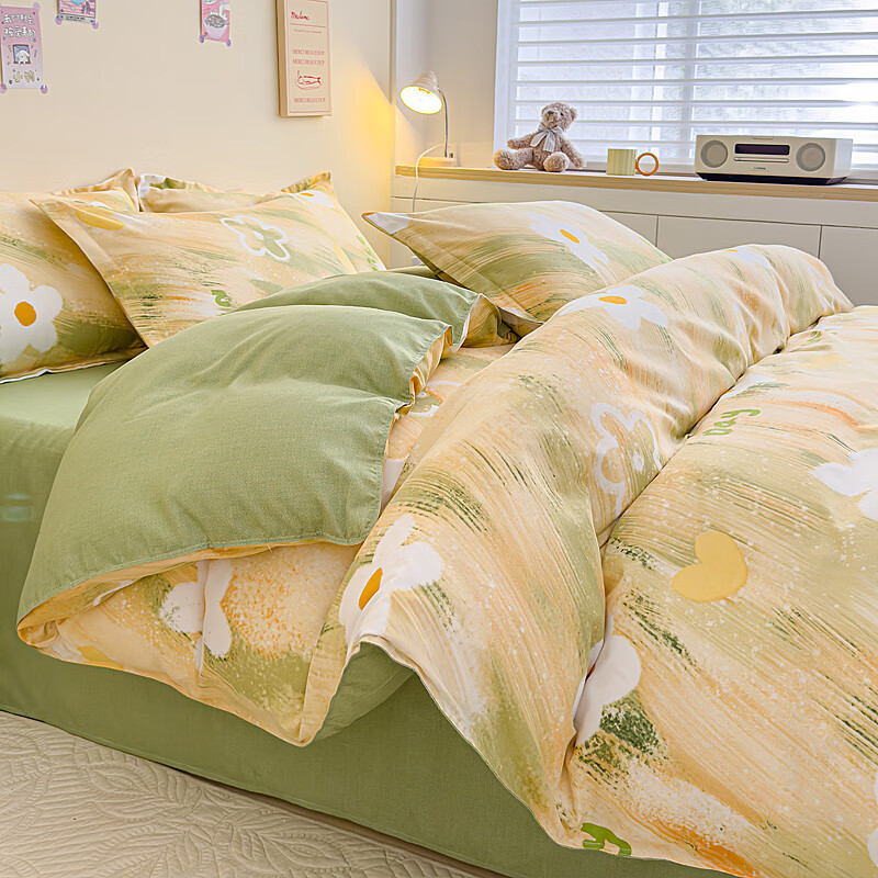 多兰诗（Duolanshi）春秋加厚磨毛四件套 ins四件套花卉田园风格床单被套四件套 悠悠花开M 1.2米 床单款 被套150*200 三件套