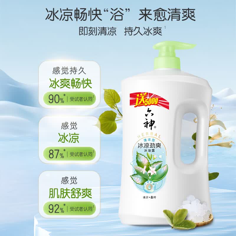 六神沐浴露男士专用 冰凉劲爽1kg送500g女士沐浴乳家庭装家用量贩装