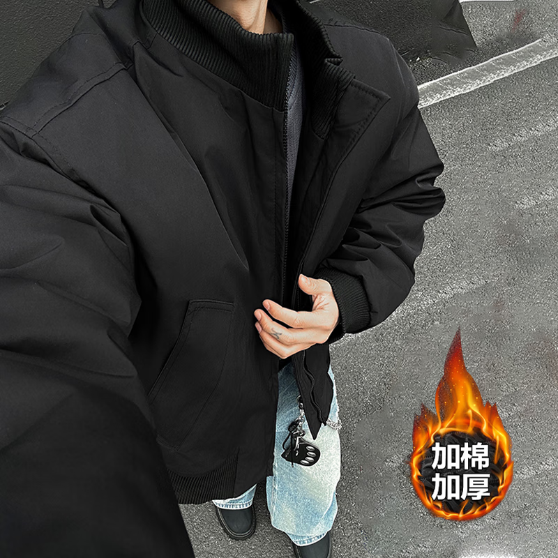 Homlean美式复古飞行夹克男秋冬立领棒球服休闲上衣外套HJ32黑色加棉L