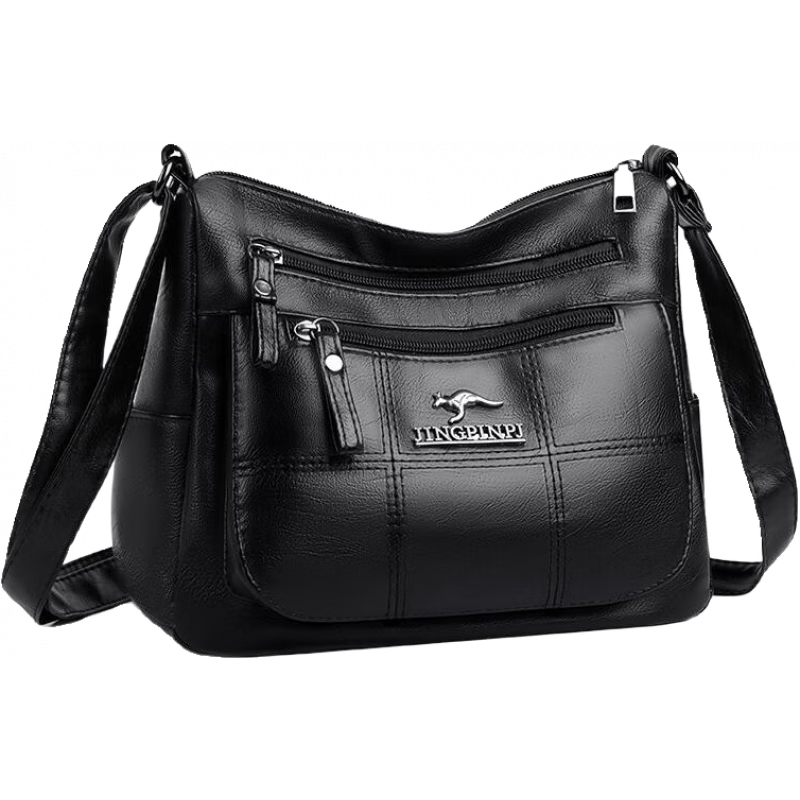 酷奇袋鼠（KUQIDAISHU）多層軟皮包包女2024新款時尚百搭中老年媽媽包大容量單肩斜挎包女 黑色