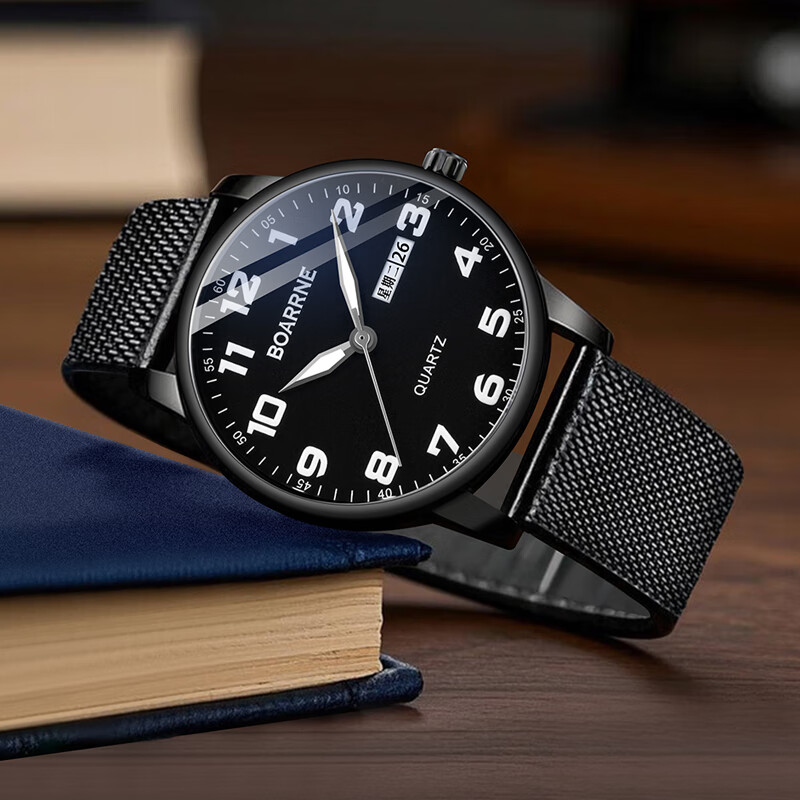 伯恩(BOARRNE)中考高考试静音专用手表 初中学生高中生手表学生男女夜光防水表 黑色40盘 钢带男表(日历)