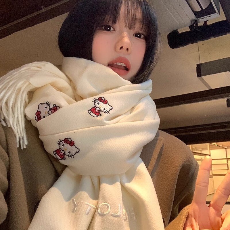 女王饰界正版授权Hellokitty刺绣仿羊绒围巾女冬季保暖护颈学生围脖 Hellokitty刺绣凯蒂猫-米白色