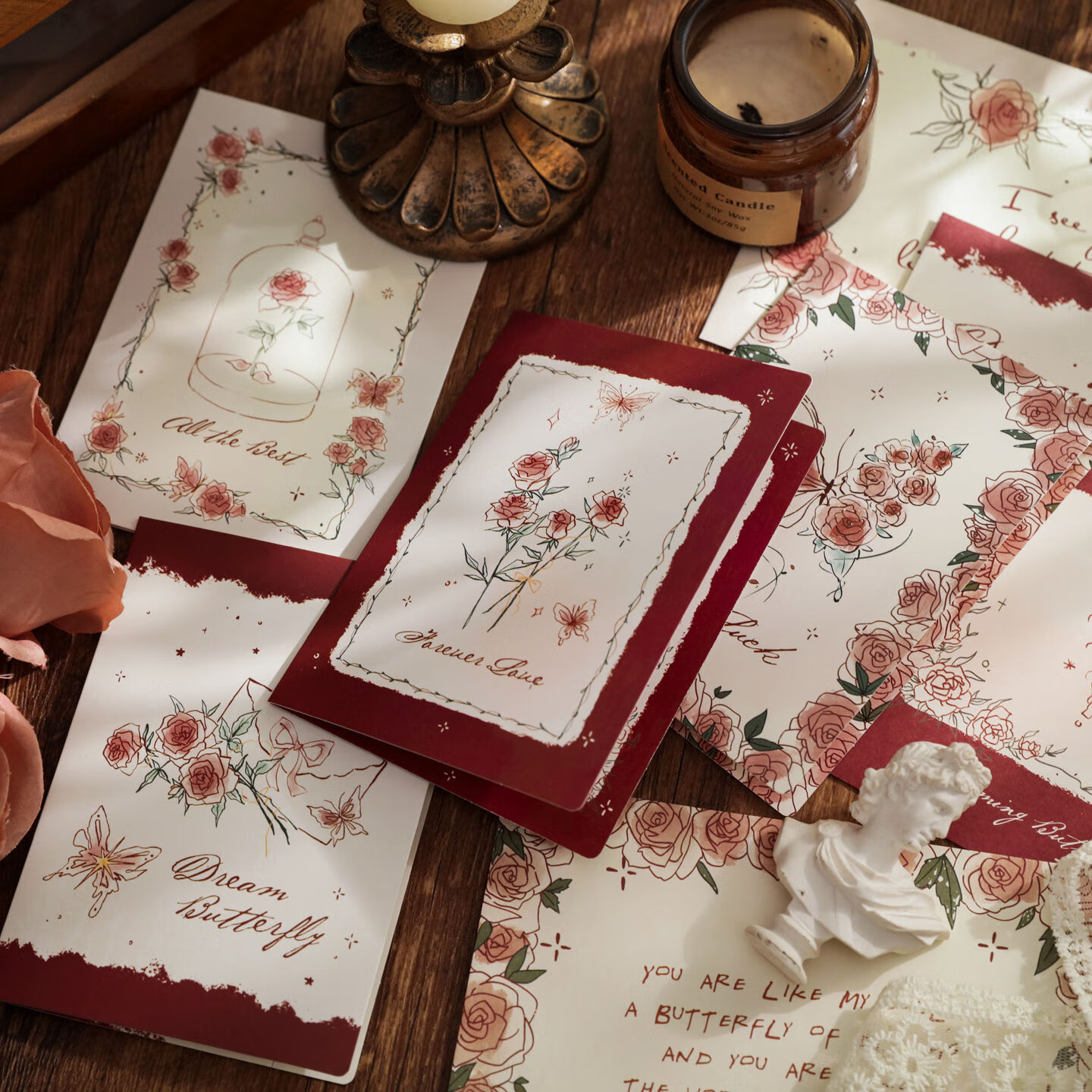 嘟嘟麦玫瑰立体折叠贺卡3D鲜花小卡片ins高颜值生日手写祝福留言明信片 蝴蝶玫瑰折叠贺卡-4款各1张