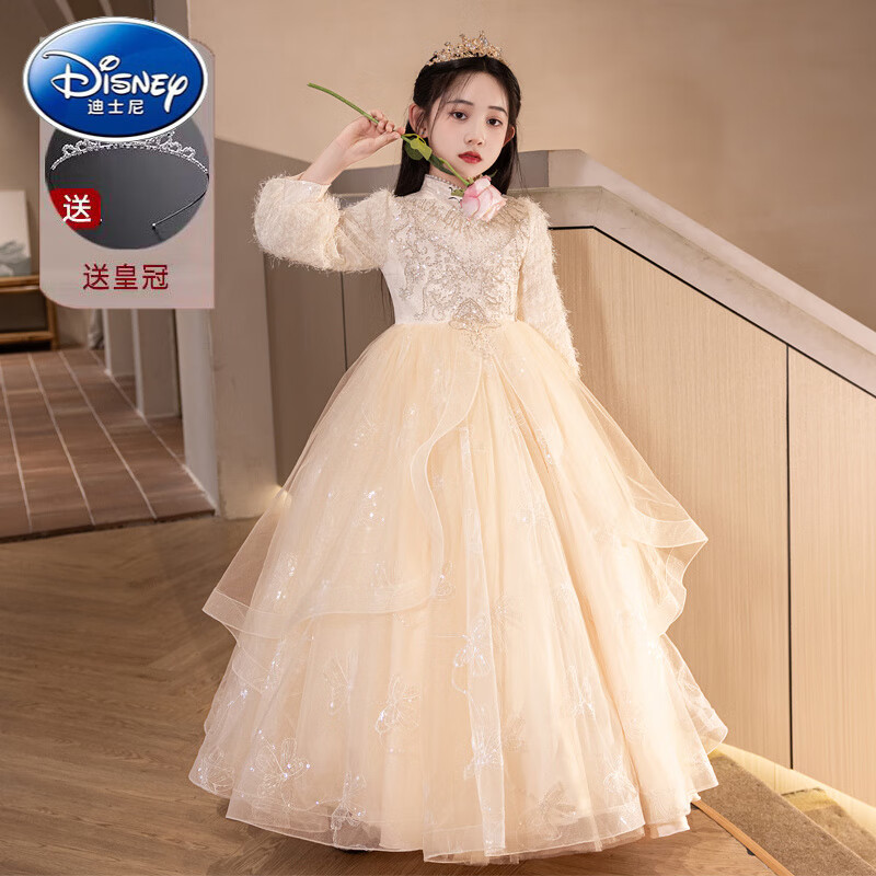 迪士尼(Disney)女童礼服主持人秋冬花童小女孩高端轻奢儿童生日公主裙钢琴出演服 1518长款香槟不加绒 关注送水晶皇冠 160 cm
