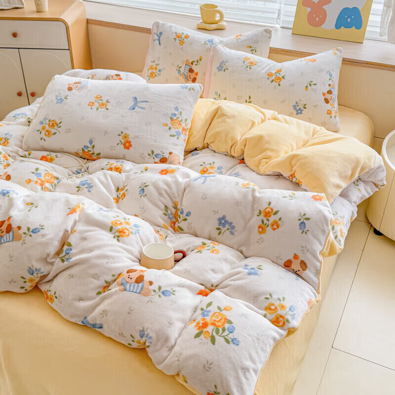 软贝小清新牛奶绒床上四件套保暖毛绒床单被套学生宿舍秋冬款三件套 布布萌宠 床单款 2.0m  被套200*230cm 四件套