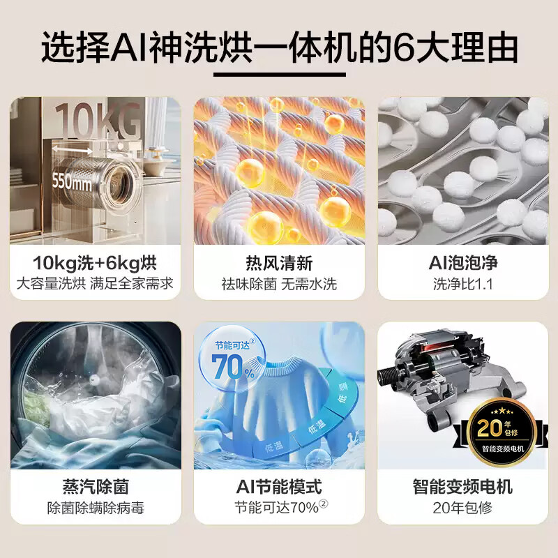三星AI神5系洗烘一体机 大容量超薄嵌入节能静音除菌除螨智能家用滚筒洗衣机一级能效 10kg洗+6kg烘 WD10DG5B14BWSC 洗烘一体 10kg