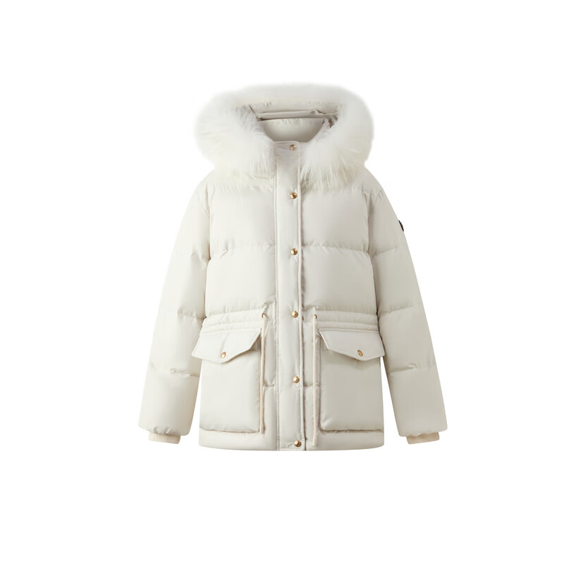 ELAND衣恋羽绒服女时尚毛领长袖大口袋保暖外套2025冬季新款 象牙白/白色(39)Ivory S /160