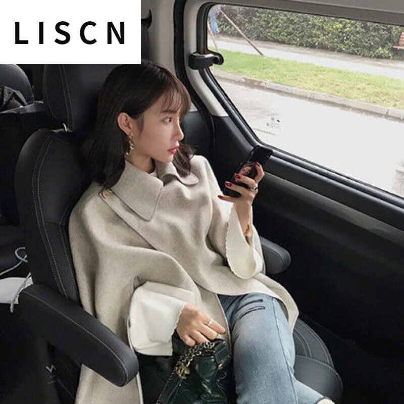 LISCN斗篷毛呢外套女潮秋冬秋寬松斗篷披肩短款上衣毛呢大衣外套女無袖 淺灰色 鐵灰 M 90-120斤