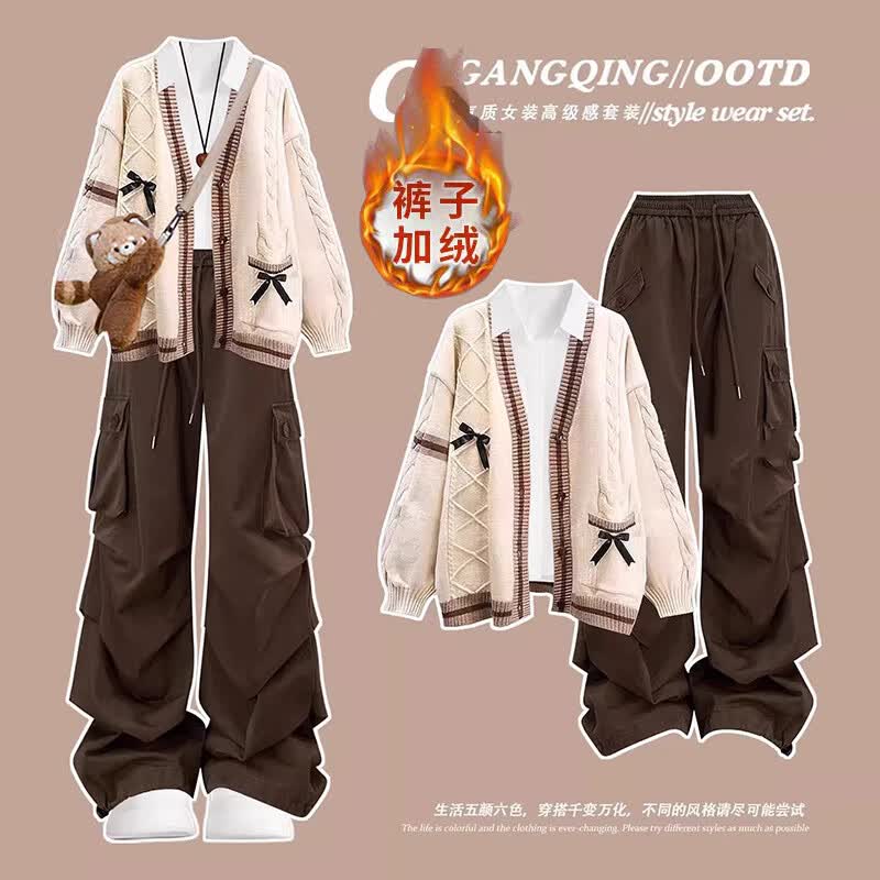 欧颖慕女大童套装春季新款初高中生春装毛衣休闲裤三件套女孩衣服外套女 三件套 粉色毛衣+白衬衫+粉裤 155 （S）码【建议75-90斤】