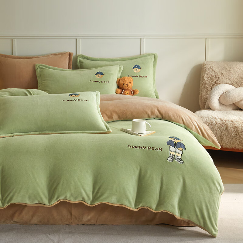 AIDLIA类加厚牛奶绒四件套冬天保暖牛奶绒床单被套被罩床上用品 可可熊-抹茶绿+卡其 1.5/1.8m床 床单款 （被套200*230cm）