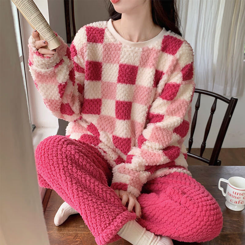 有只绵玫瑰绒睡衣女秋冬季加绒加厚格子睡衣园领可外穿法兰绒居家服 绿格子 套装 均码 80-150