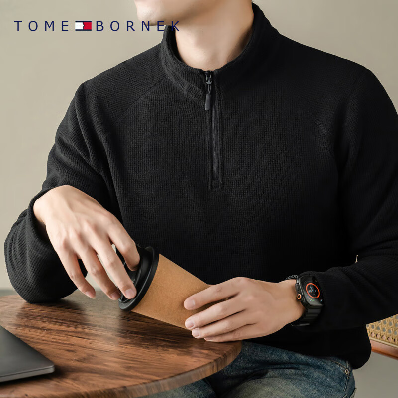 TOME BORNEK汤米秋冬季男士卫衣加绒加厚羊羔绒保暖半拉链立领长袖T恤 C-5-黑色 2XL 180建议150-165斤穿 京东折扣/优惠券