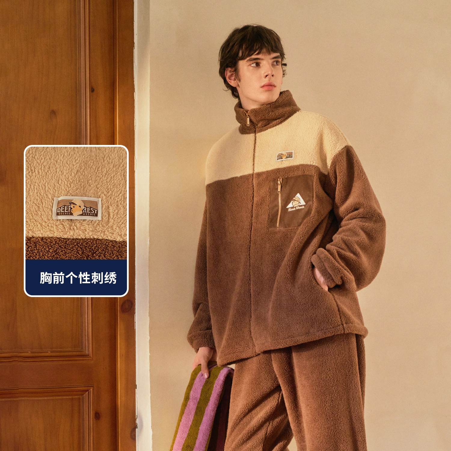 Teenie Weenie小熊羊羔绒睡衣女款2025新款秋冬加绒加厚情侣家居服 奶栗棕 【雪国山峦小熊-男】 M