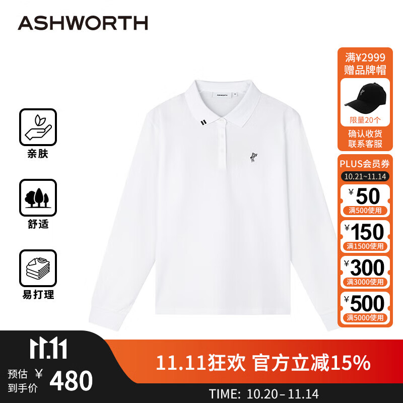 ASHWORTH【亲肤棉】秋季新品针织翻领长袖T恤女户外运动高尔夫休闲polo衫 W0-白色 M (4)