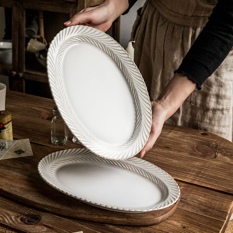 简漾法式复古陶瓷盘家用高级感漂亮浮雕甜品蛋糕盘圆盘点心餐盘碟子 含羞草-12英寸鱼盘