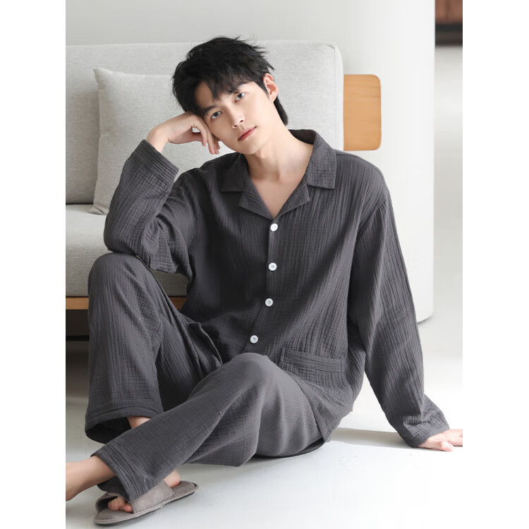 猫人（MiiOW）高端纯棉男士睡衣春秋款长袖2026款宽松大码可外穿家居服开衫套装 5130 L