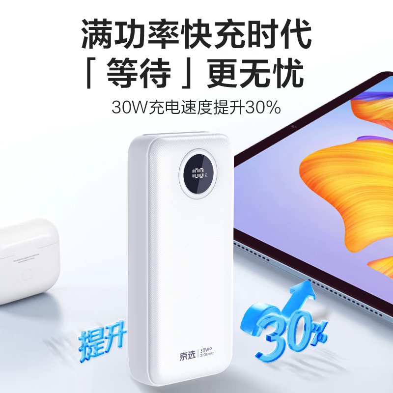 京选京东自有品牌【3C认证可上飞机】充电宝20000毫安30W双向快充电源白色适用苹果华为小米兼容30W