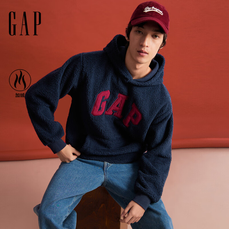 盖璞Gap男女装2025秋季新款撞色logo仿羊羔绒宽松连帽卫衣上衣786506 海军蓝 XL (180/100A) 亚洲尺码