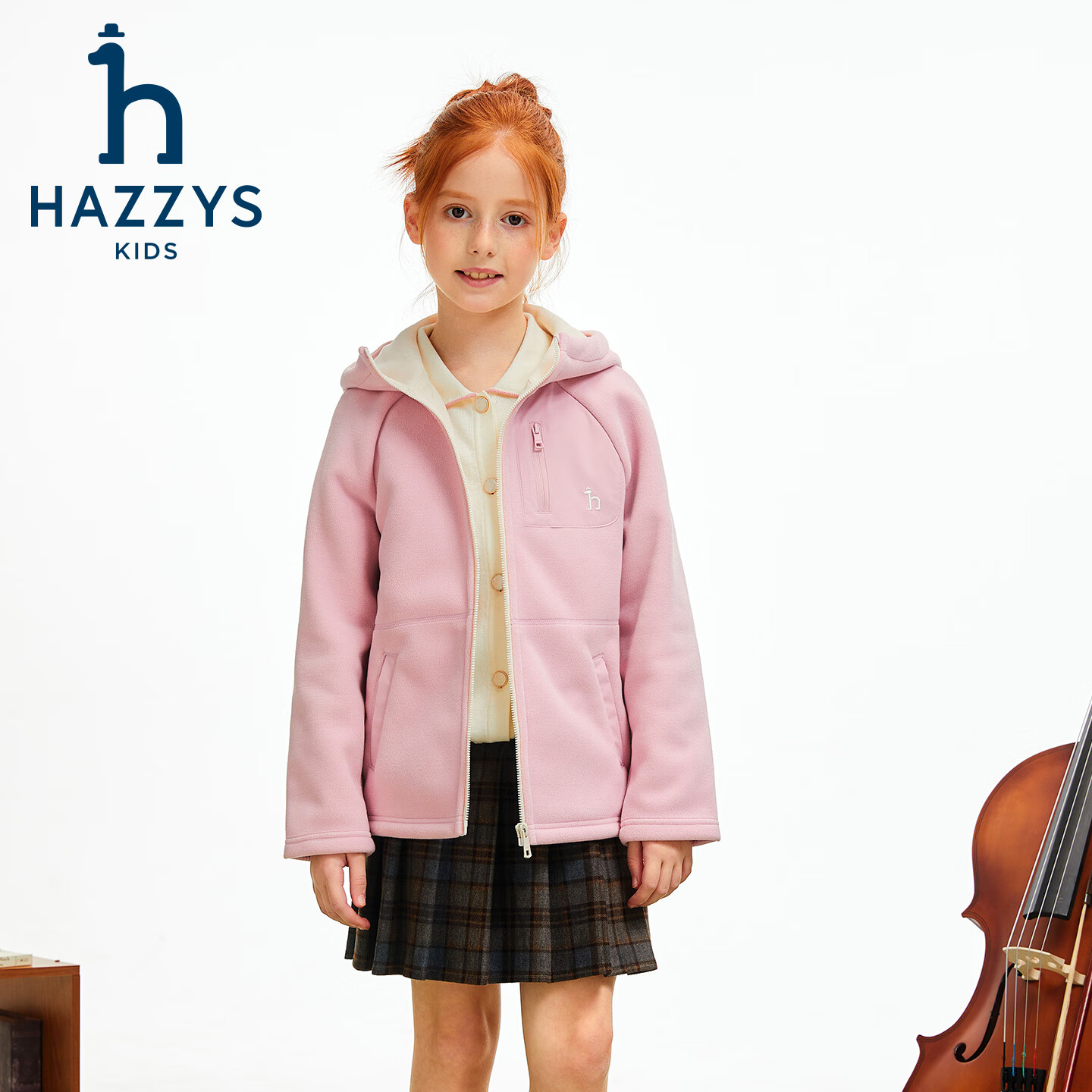 哈吉斯（HAZZYS）品牌男女童2025秋季新款连帽保暖针织摇粒绒外套 慕斯粉  165 