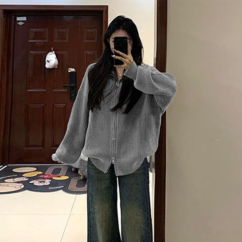 相伊恋人针织衫女秋冬2025新款开衫外套可外穿宽松显瘦拉链毛衣小香风上衣 米灰色【韩系复古抗起球】 均码 【适合80-140斤】