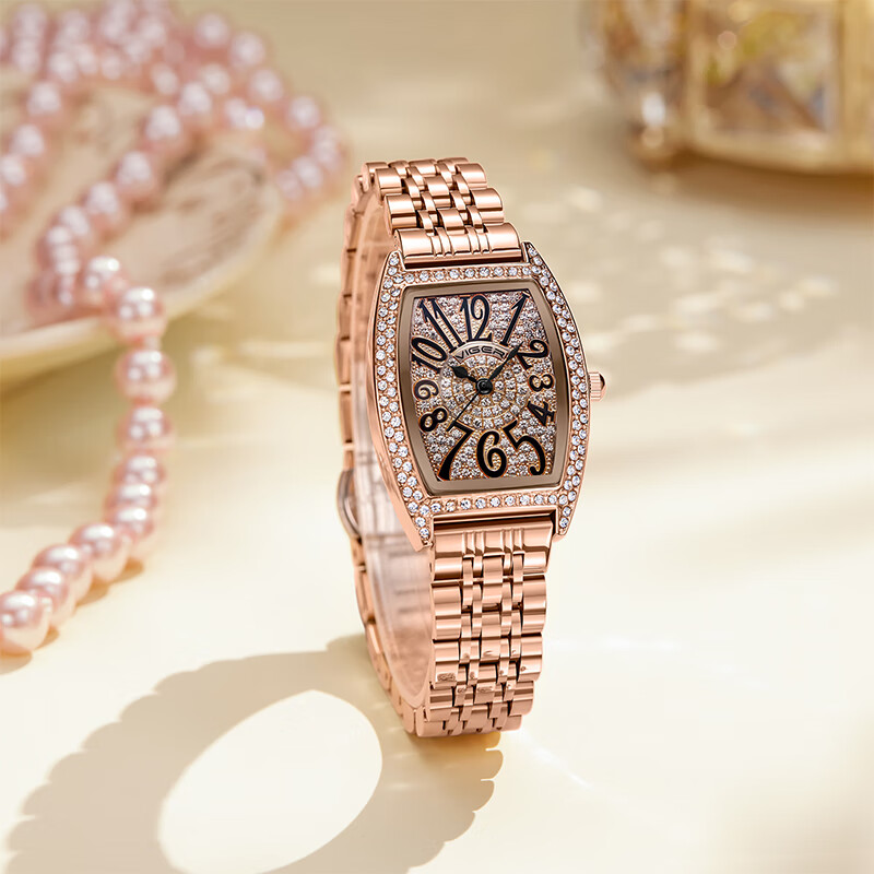 瓦格(viger)酒桶满钻轻奢时尚气质精致手表女士腕表 玫瑰金色