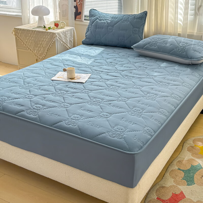 雅鹿加厚夹棉床笠防尘绗缝床罩三件套隔脏床盖床垫保护套床上用品 小熊夹棉床笠-宾利蓝【蓬松柔软 四季通用】 150*200cm单床笠