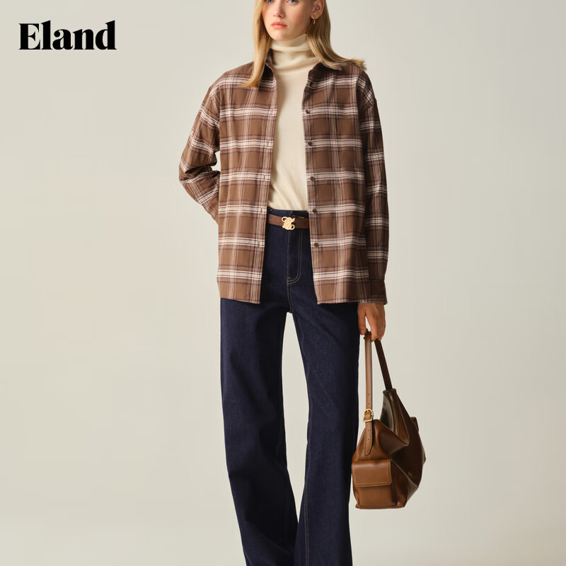 ELAND【100%棉】衣恋衬衫女气质翻领格纹长袖通勤上衣2025冬新款 棕色(85)Brown S /160
