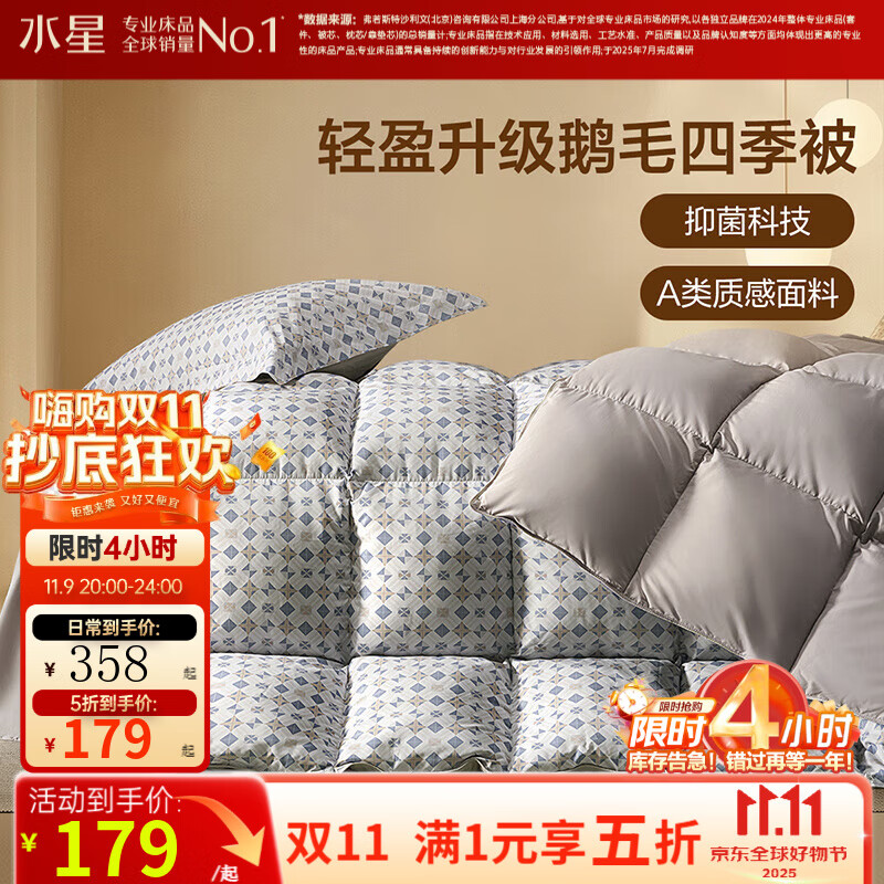 百丽丝【反季秒杀】水星家纺集团旗下羽绒被四季被鹅毛冬被控温加厚被芯 抗菌鹅毛冬厚被-蓝灰色 150cm×210cm
