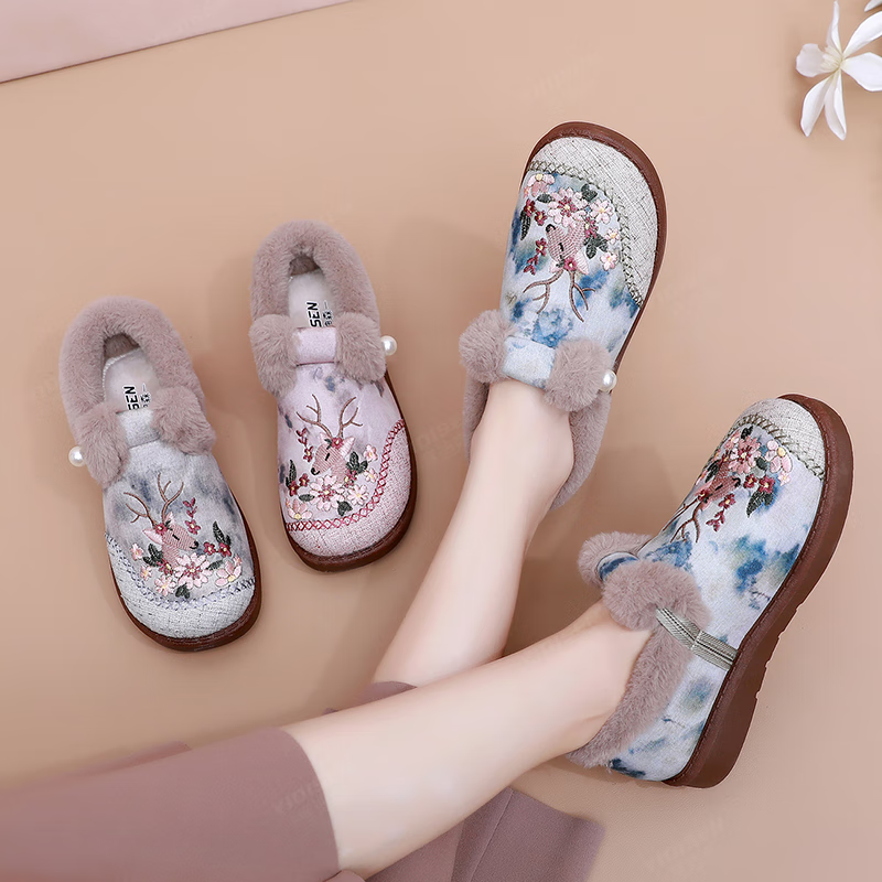 意迪森【一鹿生花】老北京布鞋加绒加厚保暖棉鞋女国风刺绣一脚蹬防滑底 灰色加绒 36 (230mm)