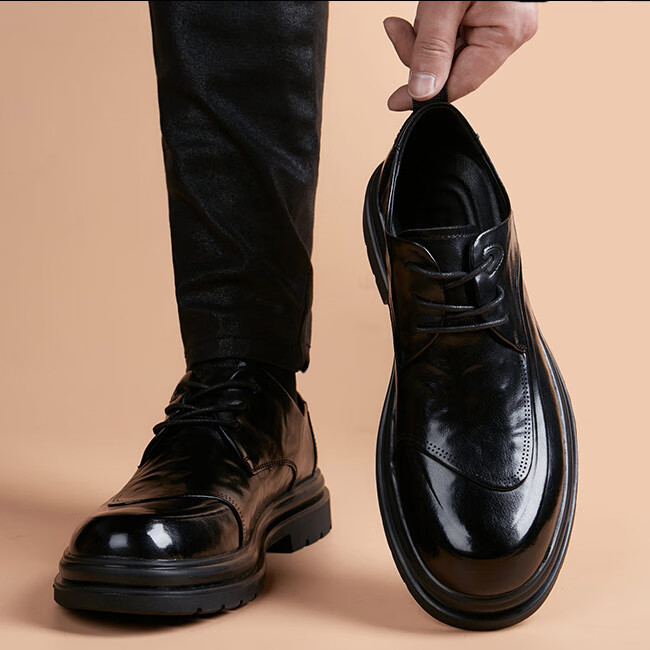 Walker Shop皮鞋男高端商务正装男士皮鞋2026新款休闲真皮透气软底内增高男鞋 黑色 42