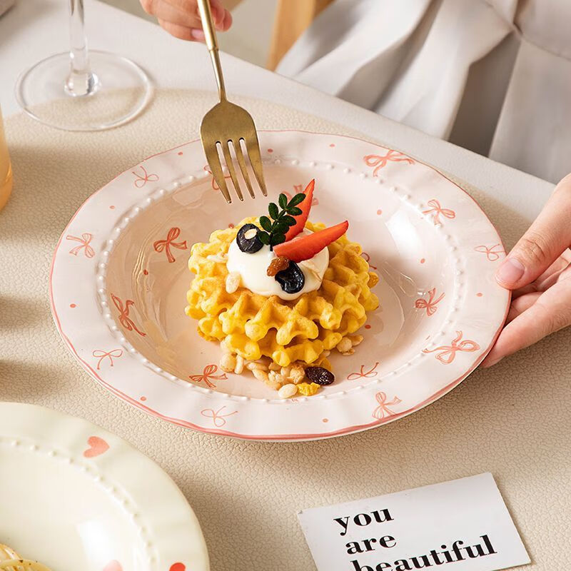 简漾精致ins风釉下彩家用深盘菜盘陶瓷意面高颜值加热西餐沙拉餐盘 珠点花边盘*1【蝴蝶结】