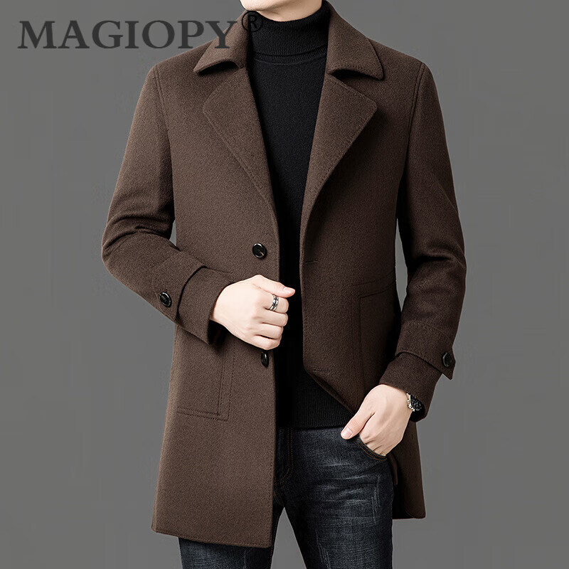 MAGIOPY奢侈高端品牌男装双面羊毛呢大衣男秋冬加厚羽绒内胆中长款外套 深咖 M