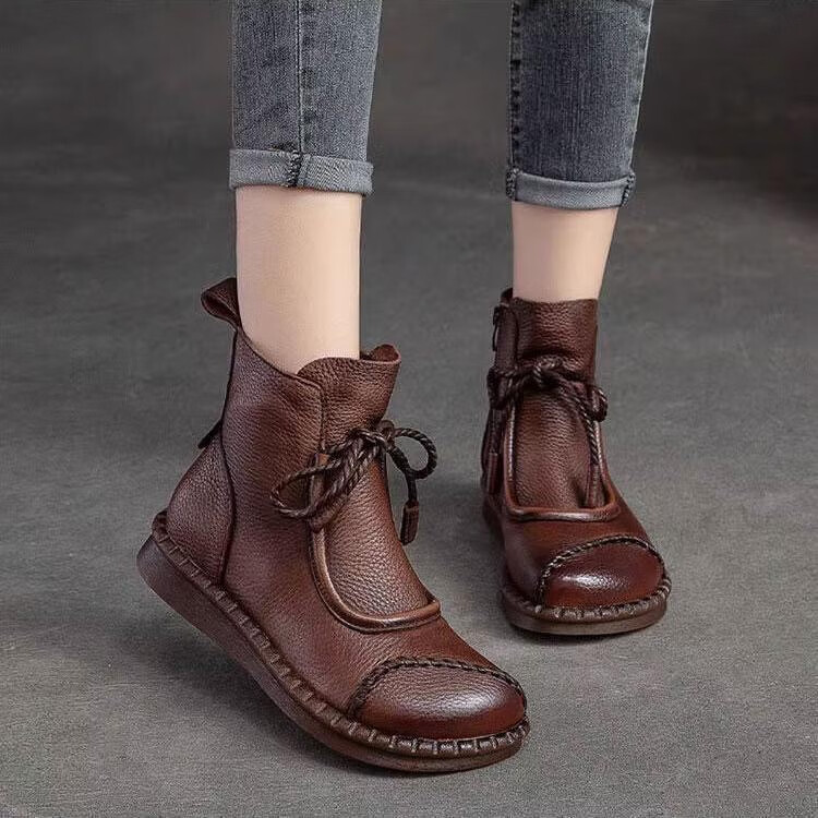 【品质好物】百搭复古民族风平底短靴秋冬季新款单靴软底马丁靴女 棕色单里 35 （脚宽胖拍大一码）
