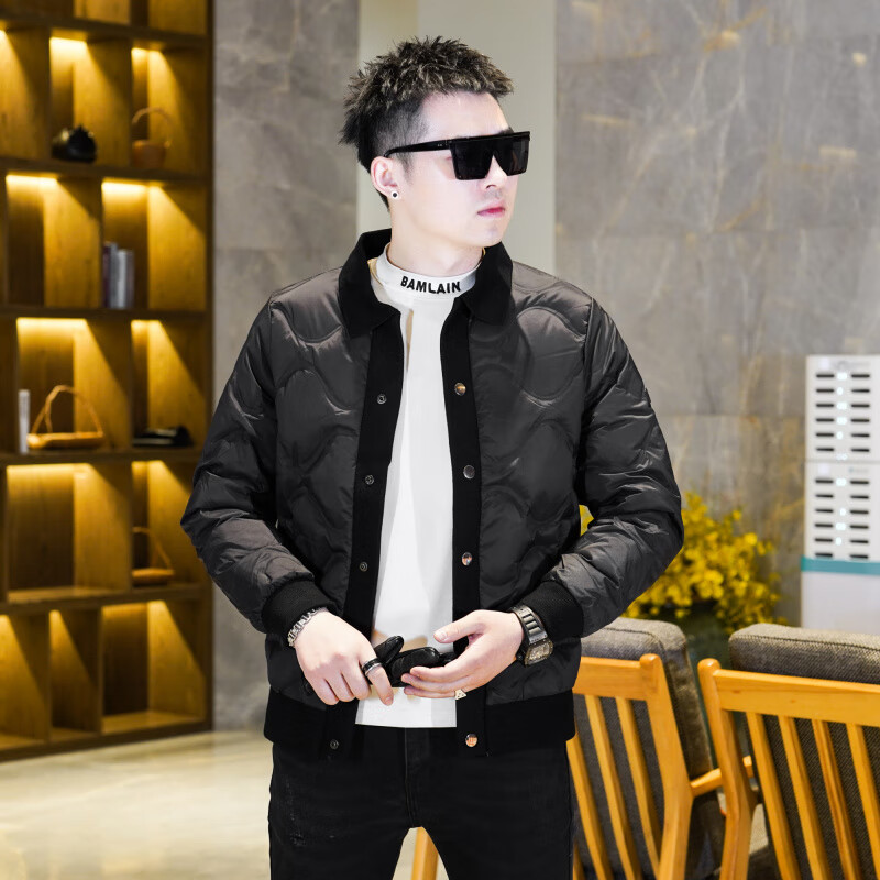 GIOCP香港潮牌针织翻领羽绒服男士冬季新款轻薄保暖外套时尚休闲压花男 黑色 M