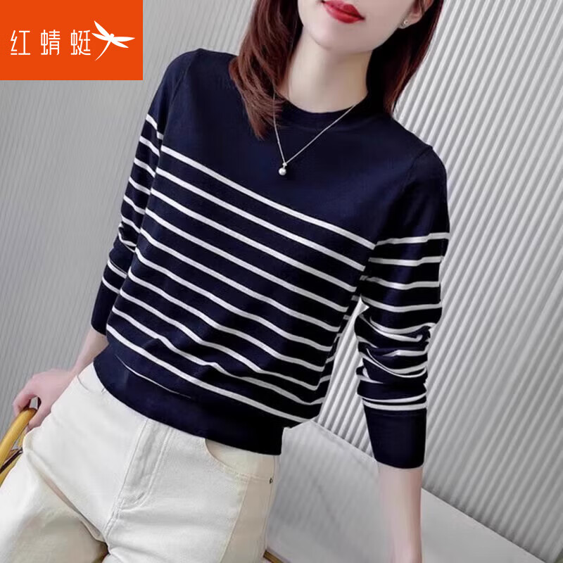 红蜻蜓针织打底衫女士装春秋冬季2025年新款条纹内搭长袖t恤毛衣上衣女 藏青色 均码 （推荐80-130斤）